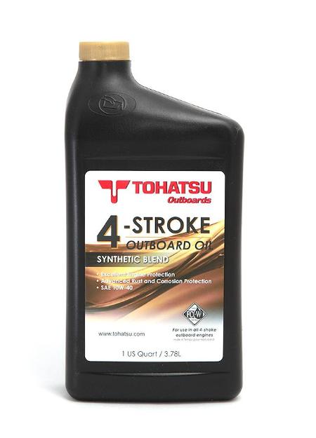 Bottle of Tohatsu 4-stroke outboard oil on a white background