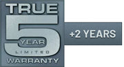 Warranty badge with 'True 5 Year Limited Warranty +2 Years' text on a gray background